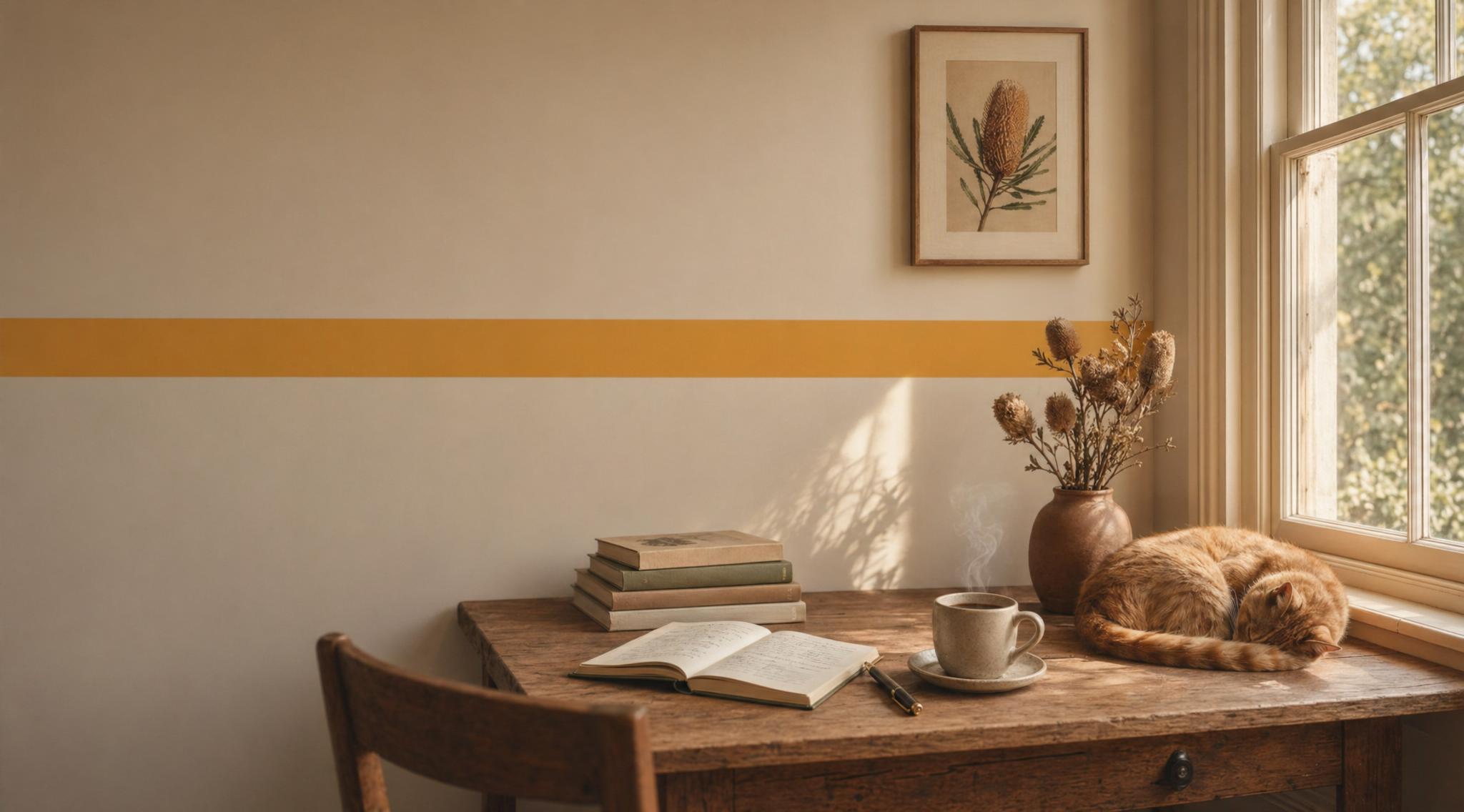 A sunlit desk with an open journal, a coffee cup, dried banksia, and a sleeping ginger cat by the window
