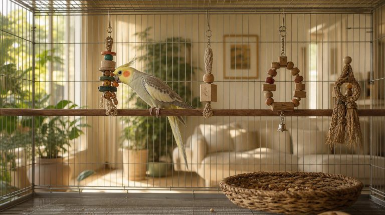 Editorial photograph of a budgie and cockatiel exploring colourful bird toys inside a cage, warm Australian home setting.
